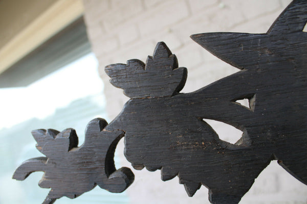 Antique black forest wood carved Wall panel with clock hat rack hunting theme