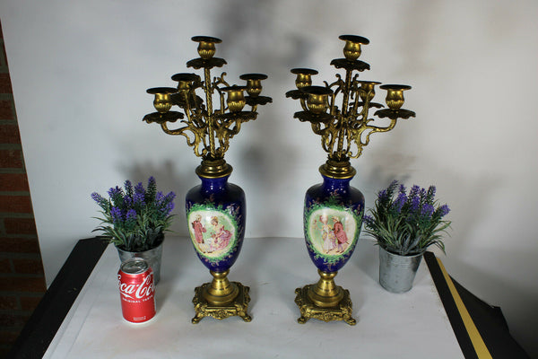 PAIR antique metal faience porcelain romantic scene candelabras candle holder
