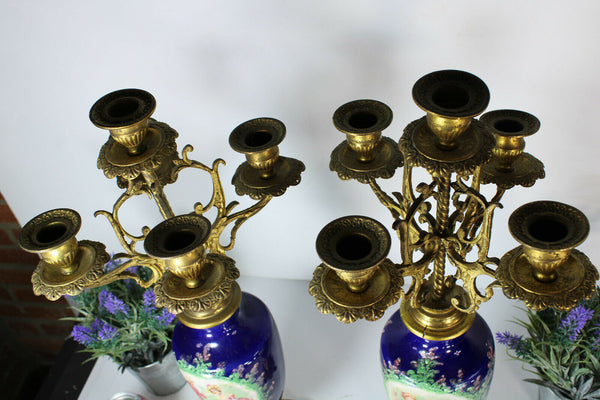 PAIR antique metal faience porcelain romantic scene candelabras candle holder