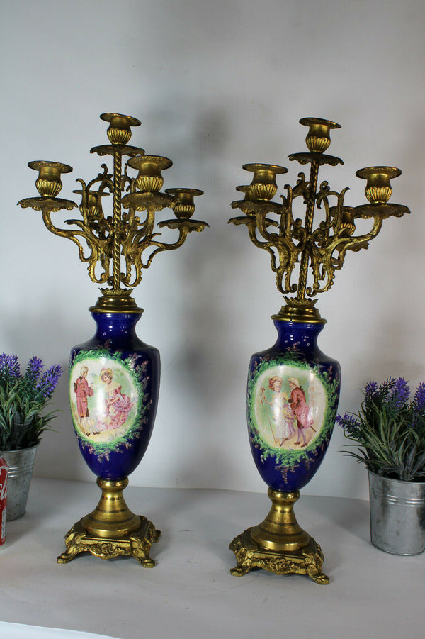 PAIR antique metal faience porcelain romantic scene candelabras candle holder