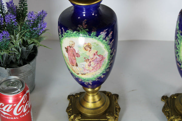 PAIR antique metal faience porcelain romantic scene candelabras candle holder