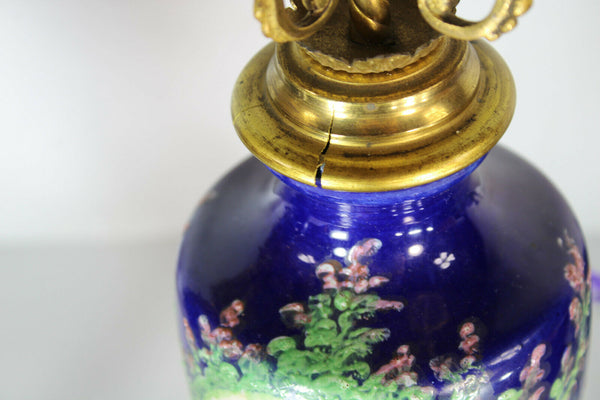 PAIR antique metal faience porcelain romantic scene candelabras candle holder