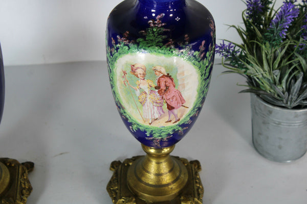 PAIR antique metal faience porcelain romantic scene candelabras candle holder