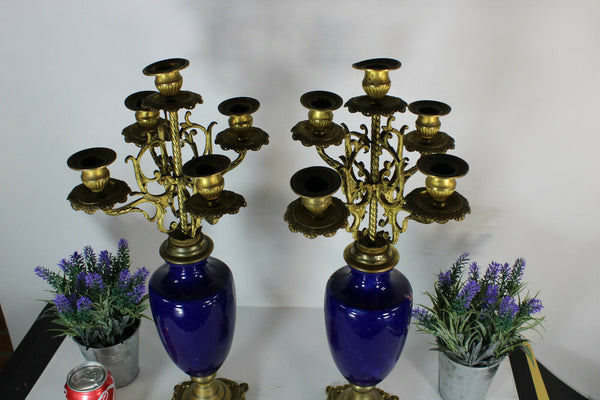 PAIR antique metal faience porcelain romantic scene candelabras candle holder