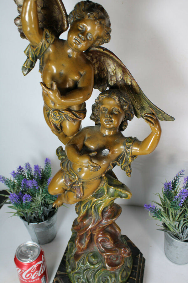XL Antique Spelter bronze patina cherub putti statue marble base signed RUCHO