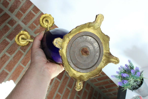 PAIR antique metal faience porcelain romantic scene candelabras candle holder