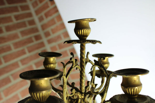 PAIR antique metal faience porcelain romantic scene candelabras candle holder