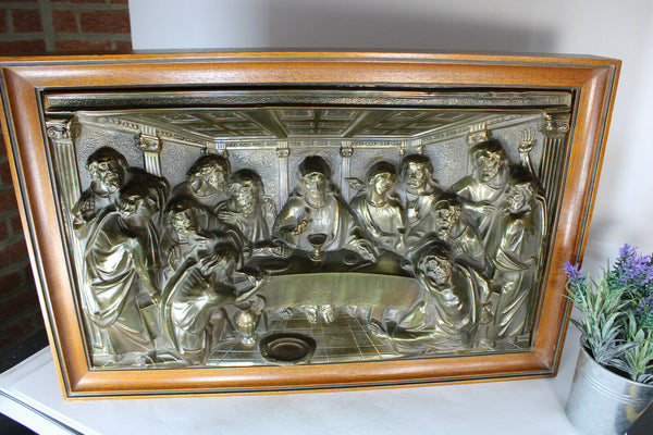 Vintage metal relief last supper religious Wall panel frame bible signed
