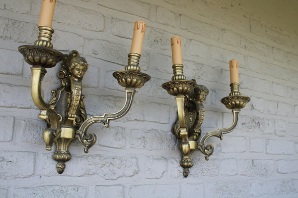 PAIR heavy large bronze putti cherub wall lights sconces