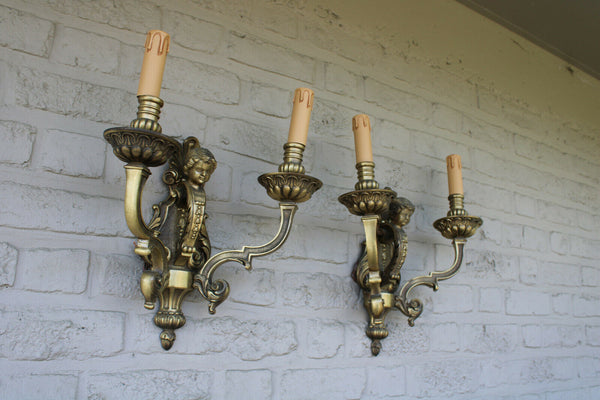 PAIR heavy large bronze putti cherub wall lights sconces