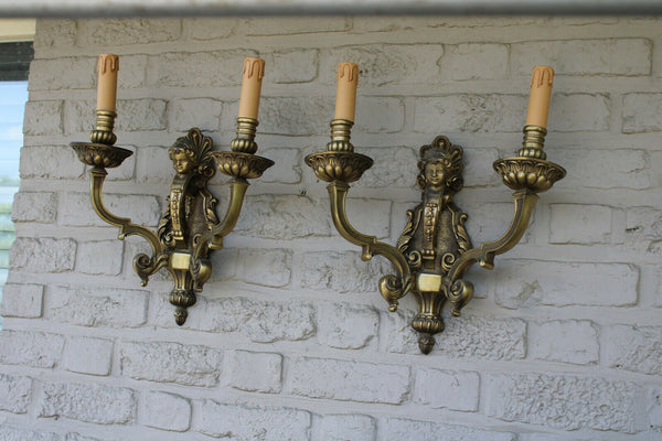 PAIR heavy large bronze putti cherub wall lights sconces