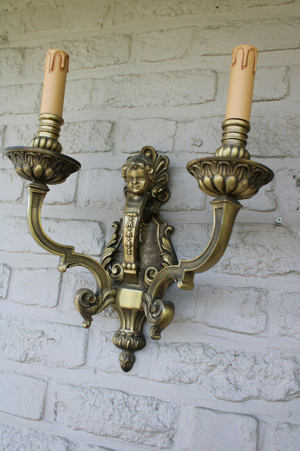 PAIR heavy large bronze putti cherub wall lights sconces