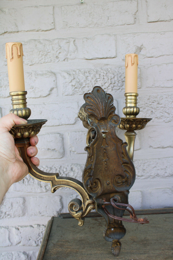 PAIR heavy large bronze putti cherub wall lights sconces