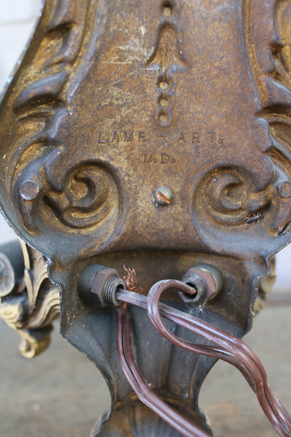 PAIR heavy large bronze putti cherub wall lights sconces