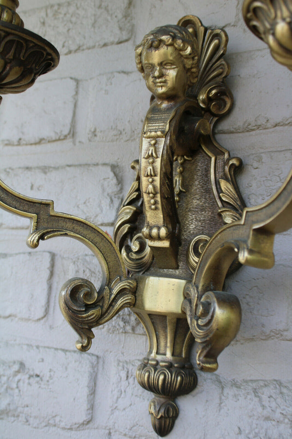 PAIR heavy large bronze putti cherub wall lights sconces