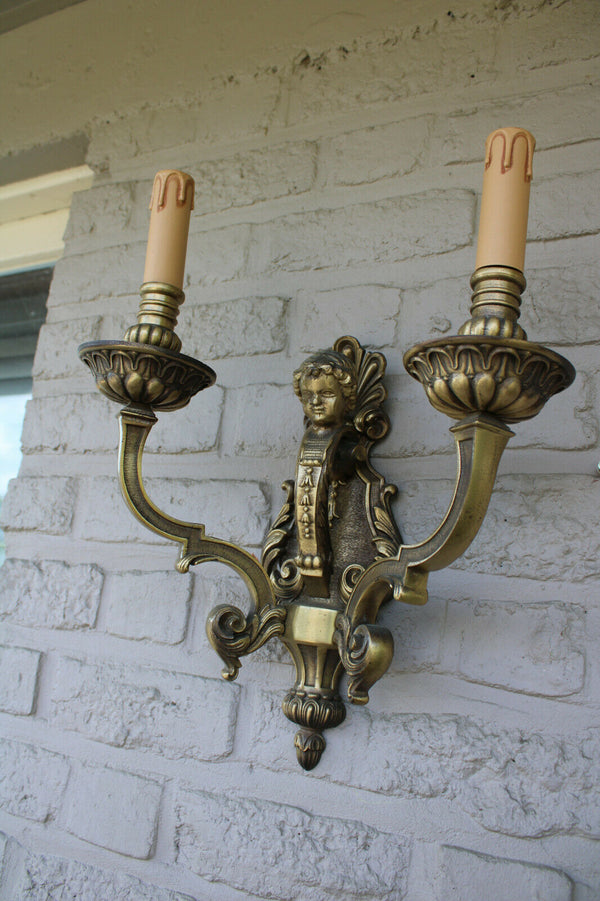 PAIR heavy large bronze putti cherub wall lights sconces