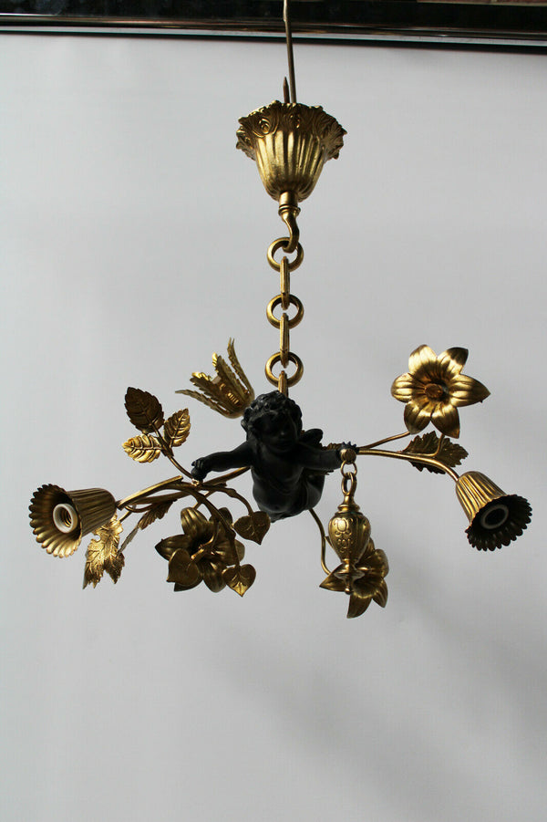 Vintage brass Cherub putti angel chandelier pendant lamp french