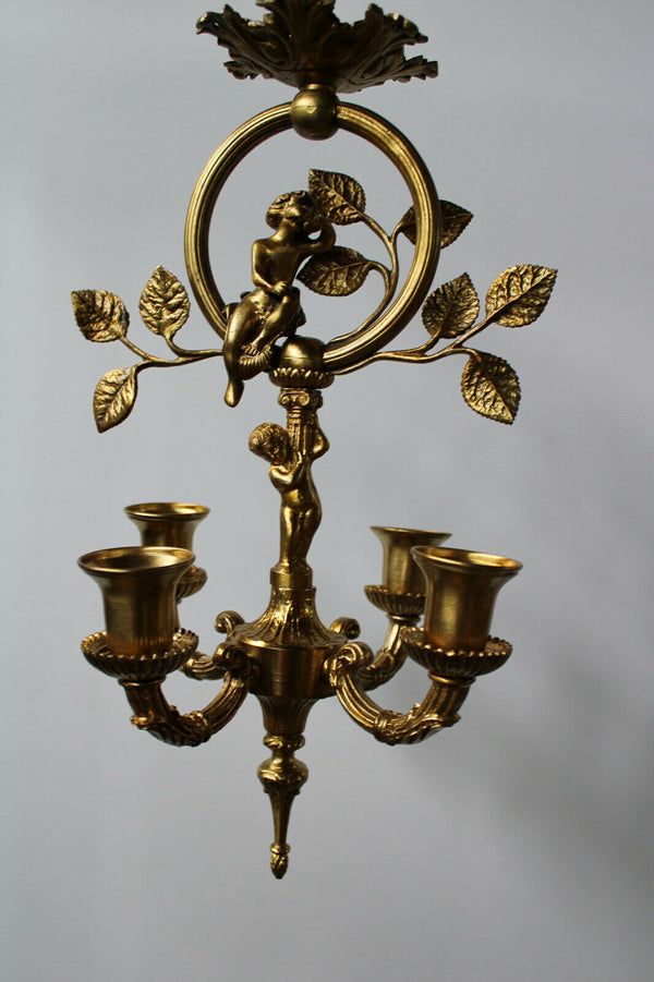 Antique French bronze putti cherub chandelier