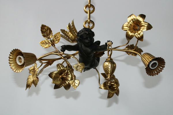 Vintage brass Cherub putti angel chandelier pendant lamp french
