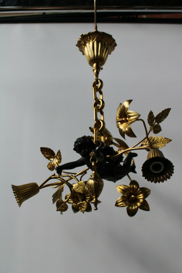 Vintage brass Cherub putti angel chandelier pendant lamp french
