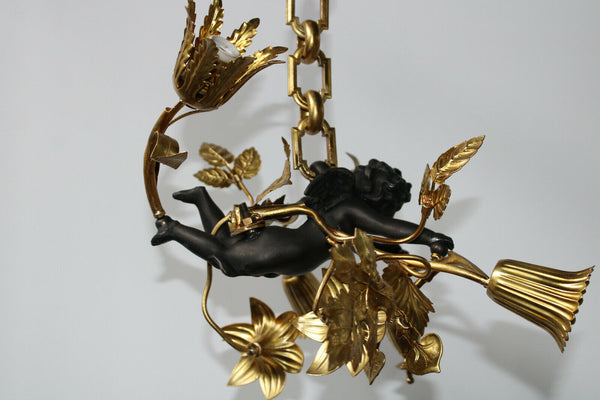 Vintage brass Cherub putti angel chandelier pendant lamp french