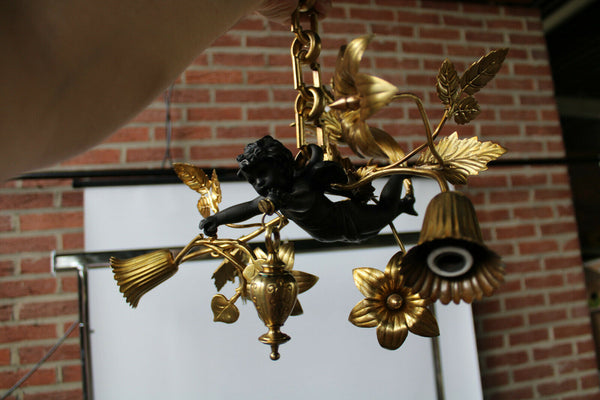Vintage brass Cherub putti angel chandelier pendant lamp french