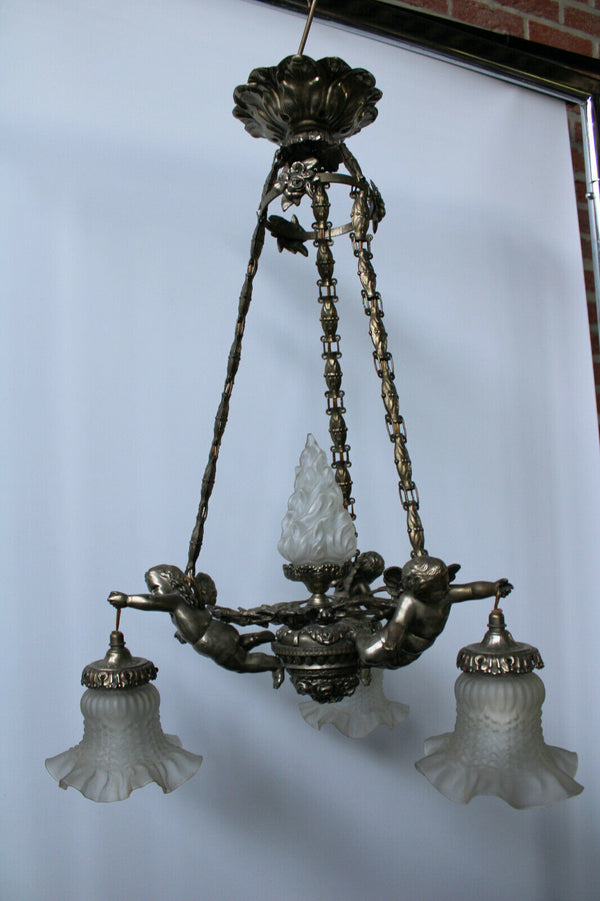 French spelter brass 3 putti cherub angel chandelier