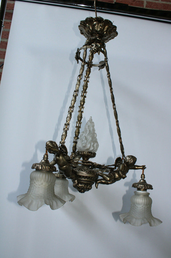 French spelter brass 3 putti cherub angel chandelier