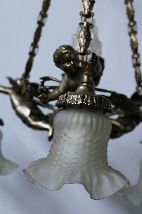 French spelter brass 3 putti cherub angel chandelier