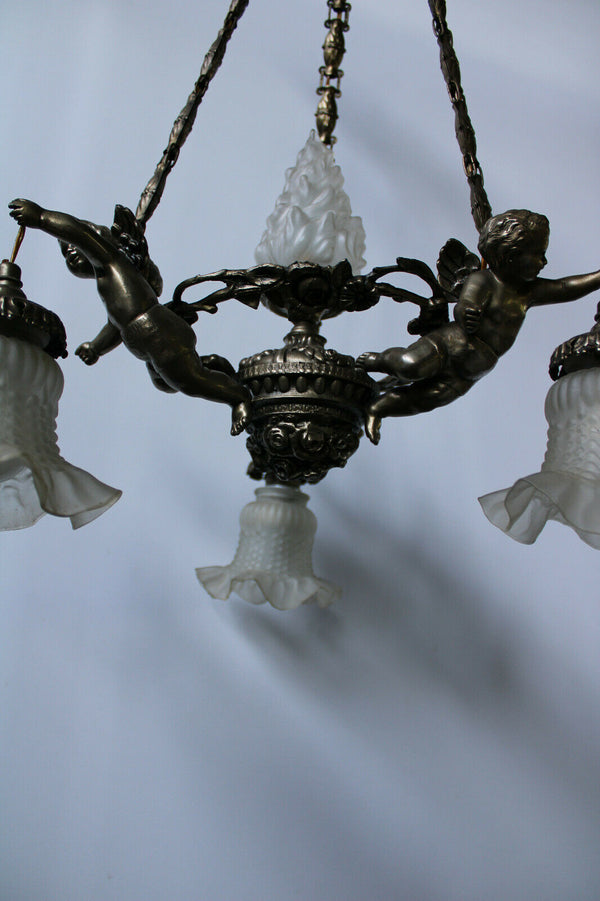 French spelter brass 3 putti cherub angel chandelier