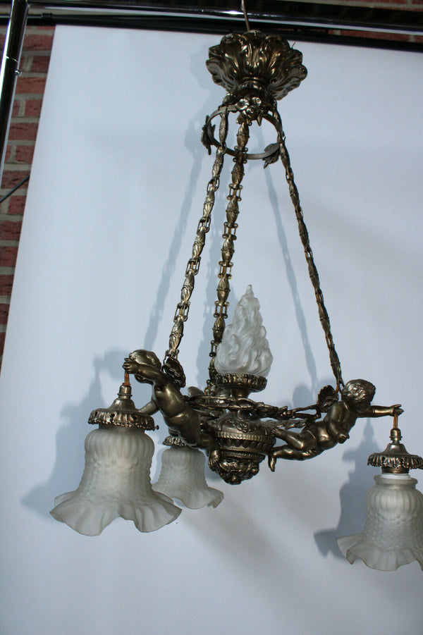 French spelter brass 3 putti cherub angel chandelier
