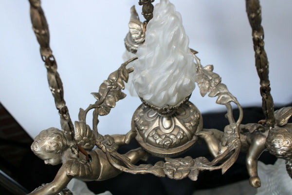 French spelter brass 3 putti cherub angel chandelier