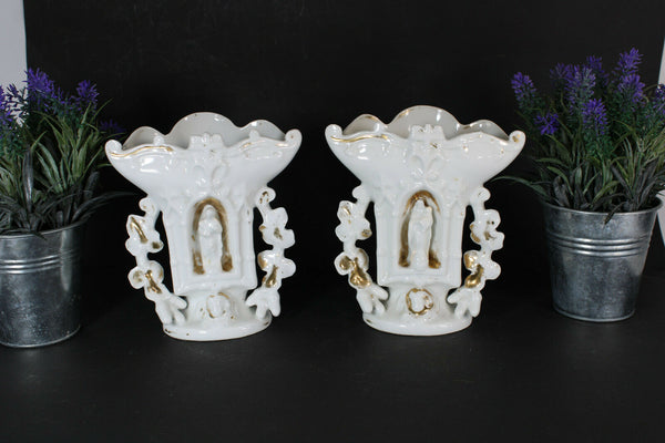 Antique pair vieux paris porcelain chapel mary joseph figurine vases rare