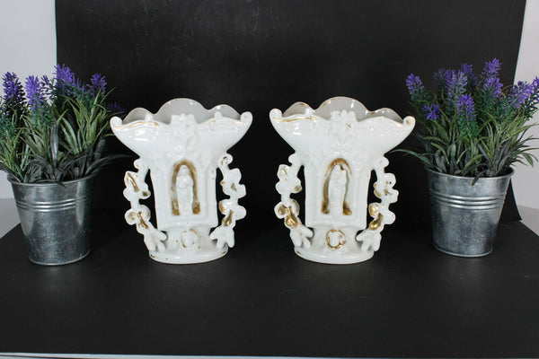 Antique pair vieux paris porcelain chapel mary joseph figurine vases rare