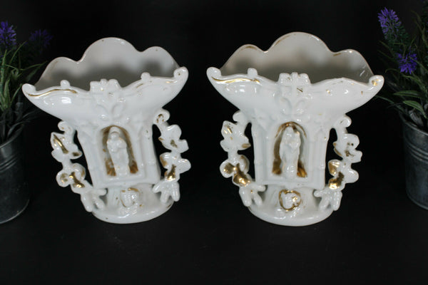 Antique pair vieux paris porcelain chapel mary joseph figurine vases rare