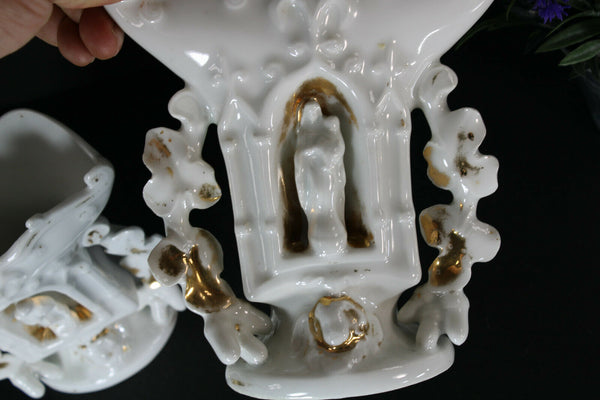 Antique pair vieux paris porcelain chapel mary joseph figurine vases rare