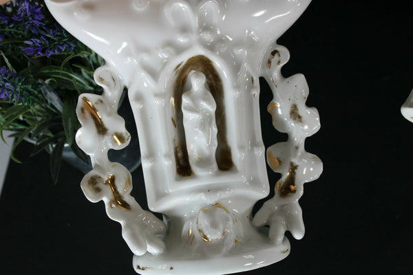 Antique pair vieux paris porcelain chapel mary joseph figurine vases rare