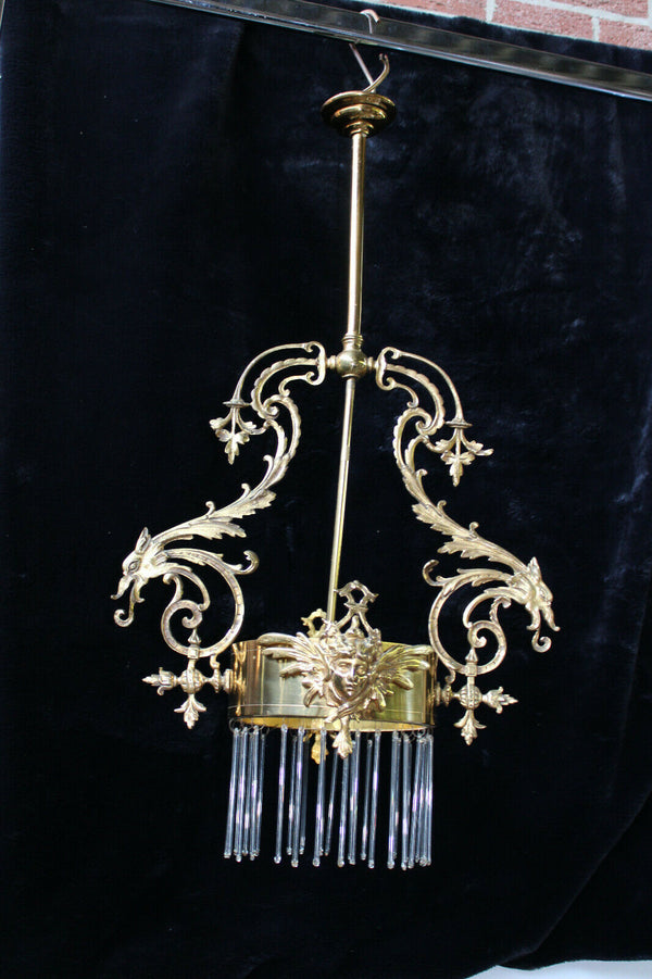 Antique rare Brass Dragon caryatid head Chandelier pendant lamp glass drops