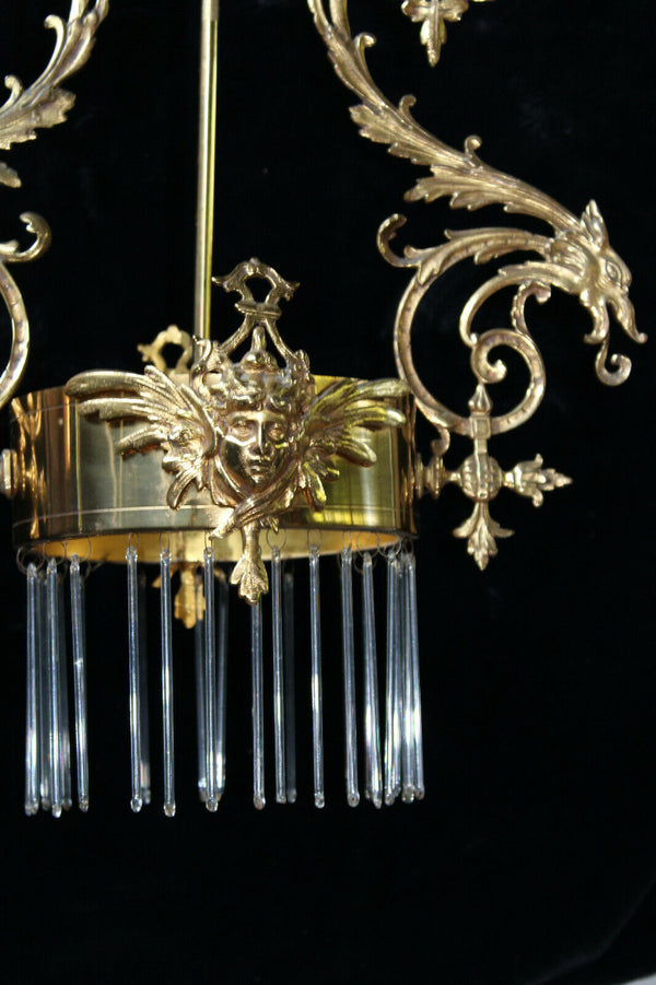 Antique rare Brass Dragon caryatid head Chandelier pendant lamp glass drops