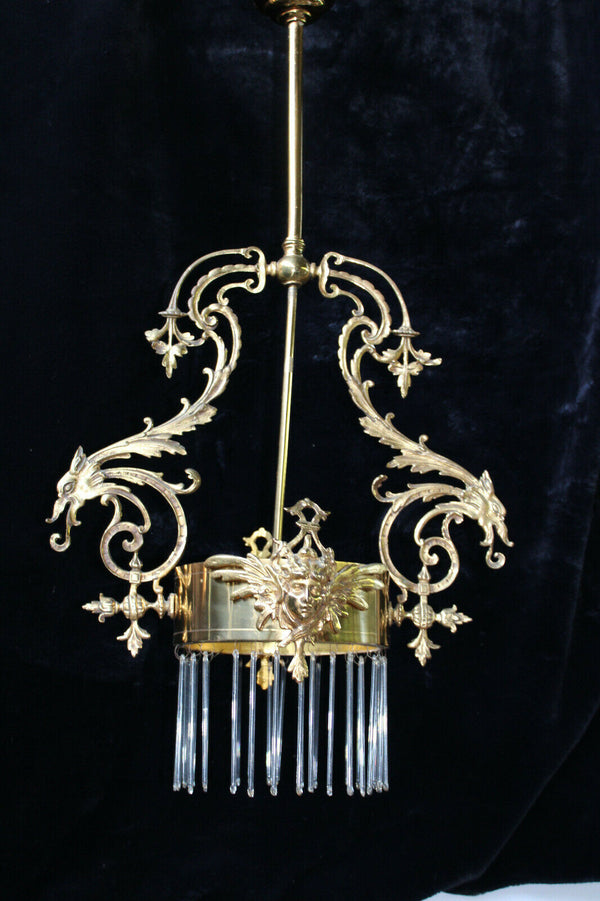 Antique rare Brass Dragon caryatid head Chandelier pendant lamp glass drops