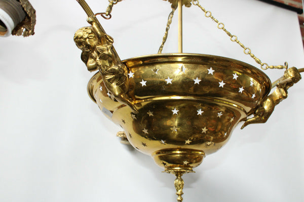 Antique French brass putti cherub figural chandelier 3 arms