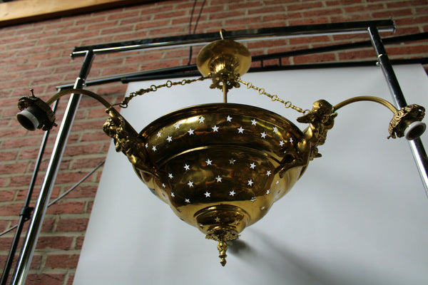 Antique French brass putti cherub figural chandelier 3 arms