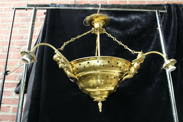 Antique French brass putti cherub figural chandelier 3 arms