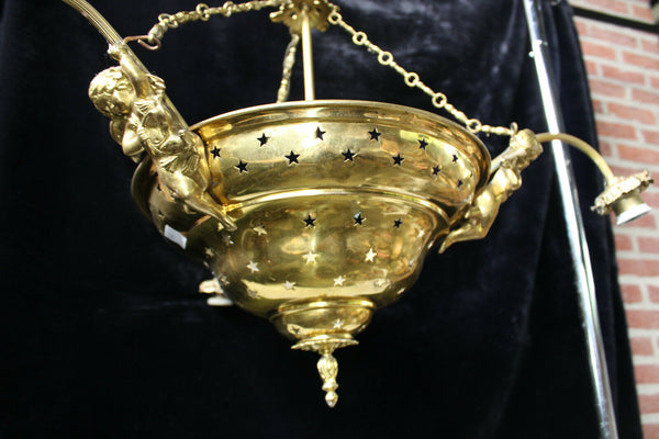 Antique French brass putti cherub figural chandelier 3 arms