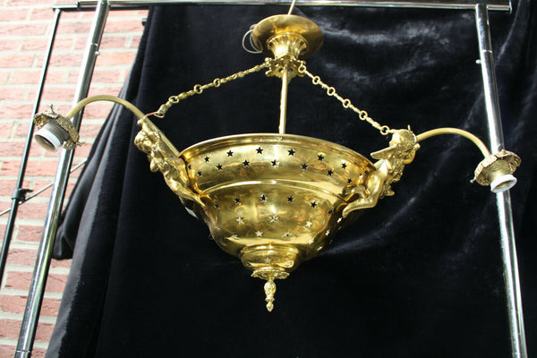 Antique French brass putti cherub figural chandelier 3 arms