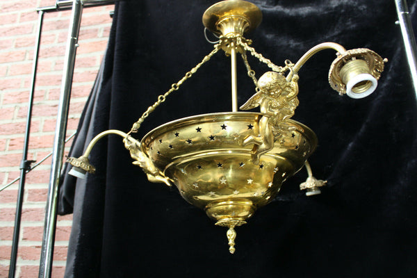 Antique French brass putti cherub figural chandelier 3 arms