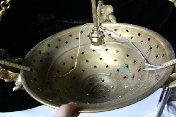 Antique French brass putti cherub figural chandelier 3 arms