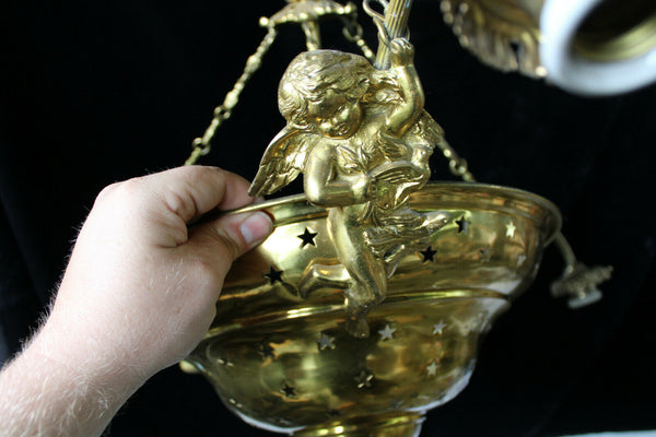 Antique French brass putti cherub figural chandelier 3 arms