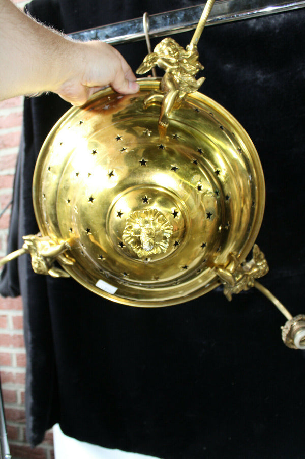 Antique French brass putti cherub figural chandelier 3 arms