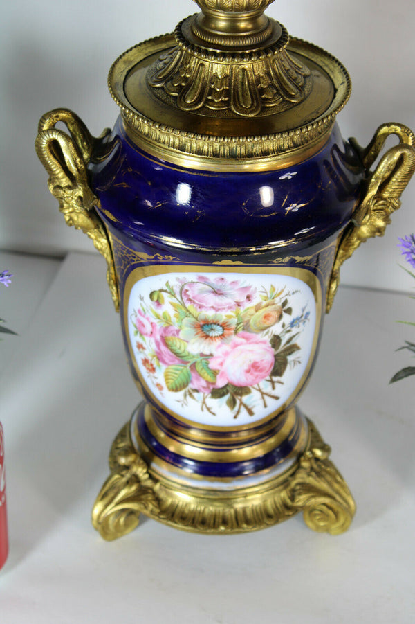 Antique French bayeux porcelain hand paint floral decor ram heads lamp